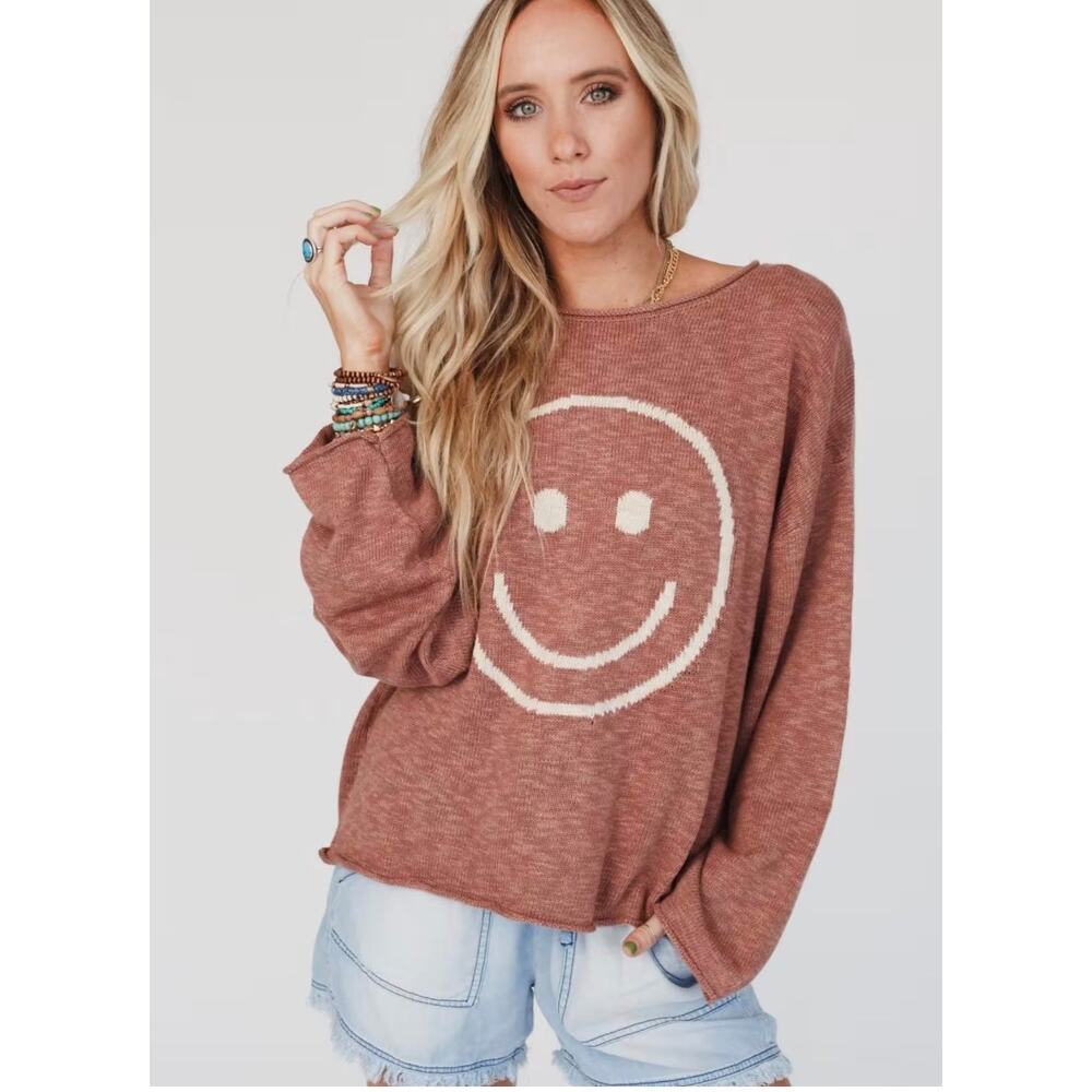 Promesa Smiley Happy Face Graphic Sweater Women's L‎ Oversized Boho Hippie Beach